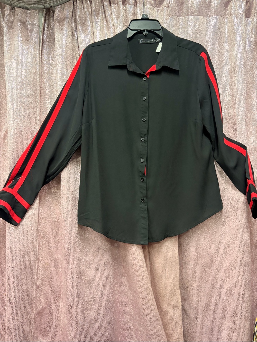 New York & Company Black Blouse with Red Trim